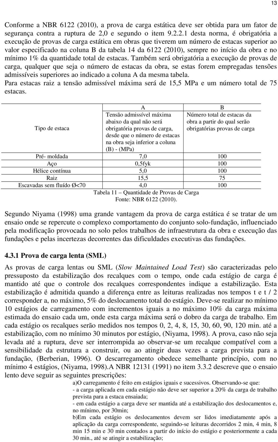 obras que tiverem um número de estacas superior ao valor especificado na coluna B da tabela 14 da 6122 (2010), sempre no início da obra e no mínimo 1% da quantidade total de estacas.