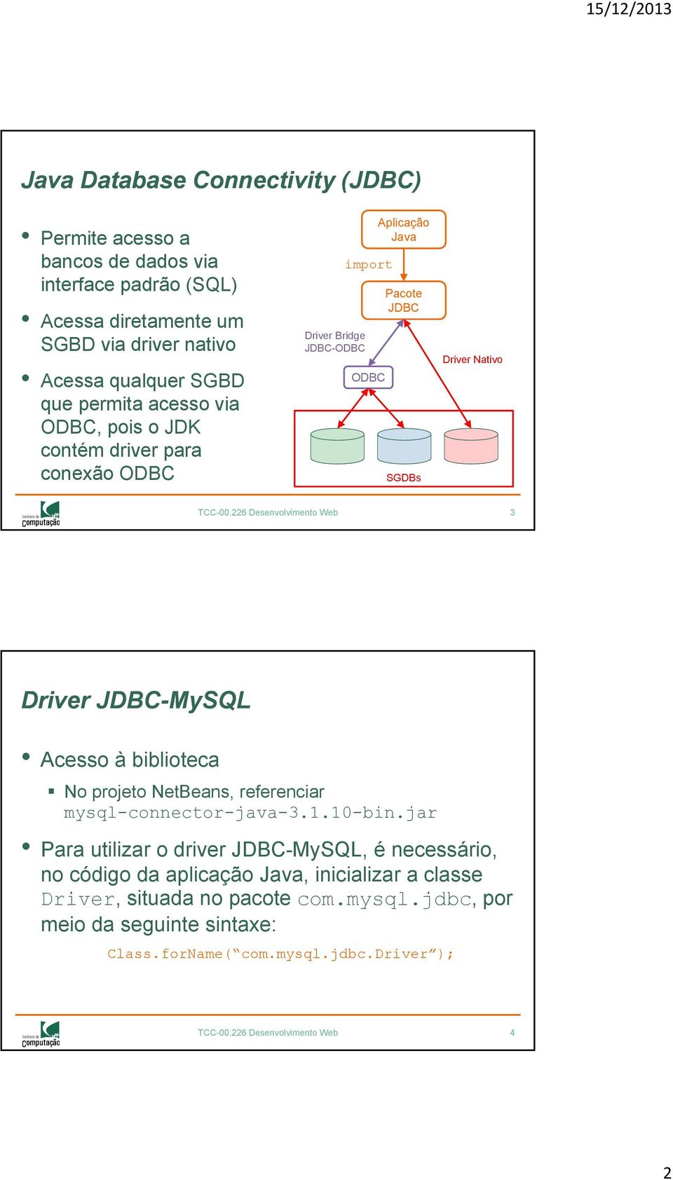 226 Desenvolvimento Web 3 Driver JDBC-MySQL Acesso à biblioteca No projeto NetBeans, referenciar mysql-connector-java-3.1.10-bin.
