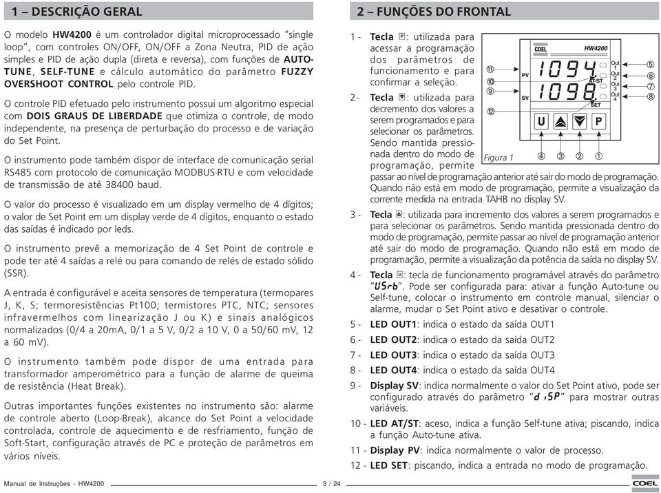 O controle PID efetuado pelo instrumento possui um algoritmo especial com DOIS GRAUS DE LIBERDADE que otimiza o controle, de modo independente, na presença de perturbação do processo e de variação do