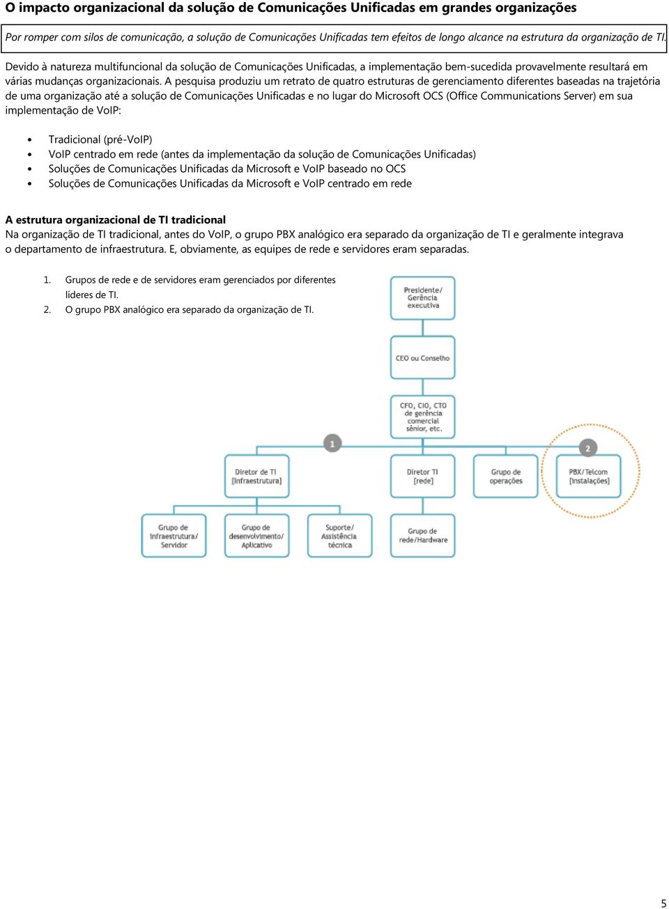 A pesquisa produziu um retrato de quatro estruturas de gerenciamento diferentes baseadas na trajetória de uma organização até a solução de Comunicações Unificadas e no lugar do Microsoft OCS (Office