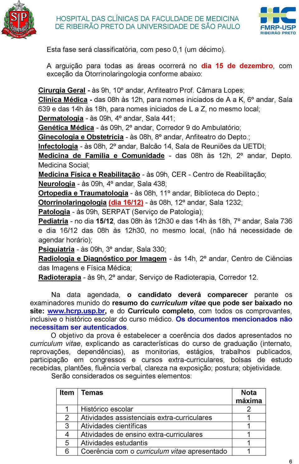 Câmara Lopes; Clínica Médica - das 08h às 12h, para nomes iniciados de A a K, 6º andar, Sala 639 e das 14h às 18h, para nomes iniciados de L a Z, no mesmo local; Dermatologia - às 09h, 4º andar, Sala