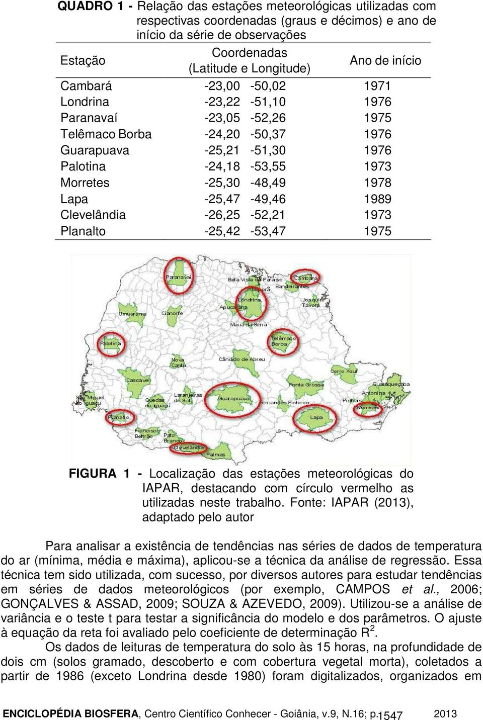 1978 Lapa -25,47-49,46 1989 Clevelândia -26,25-52,21 1973 Planalto -25,42-53,47 1975 FIGURA 1 - Localização das estações meteorológicas do IAPAR, destacando com círculo vermelho as utilizadas neste