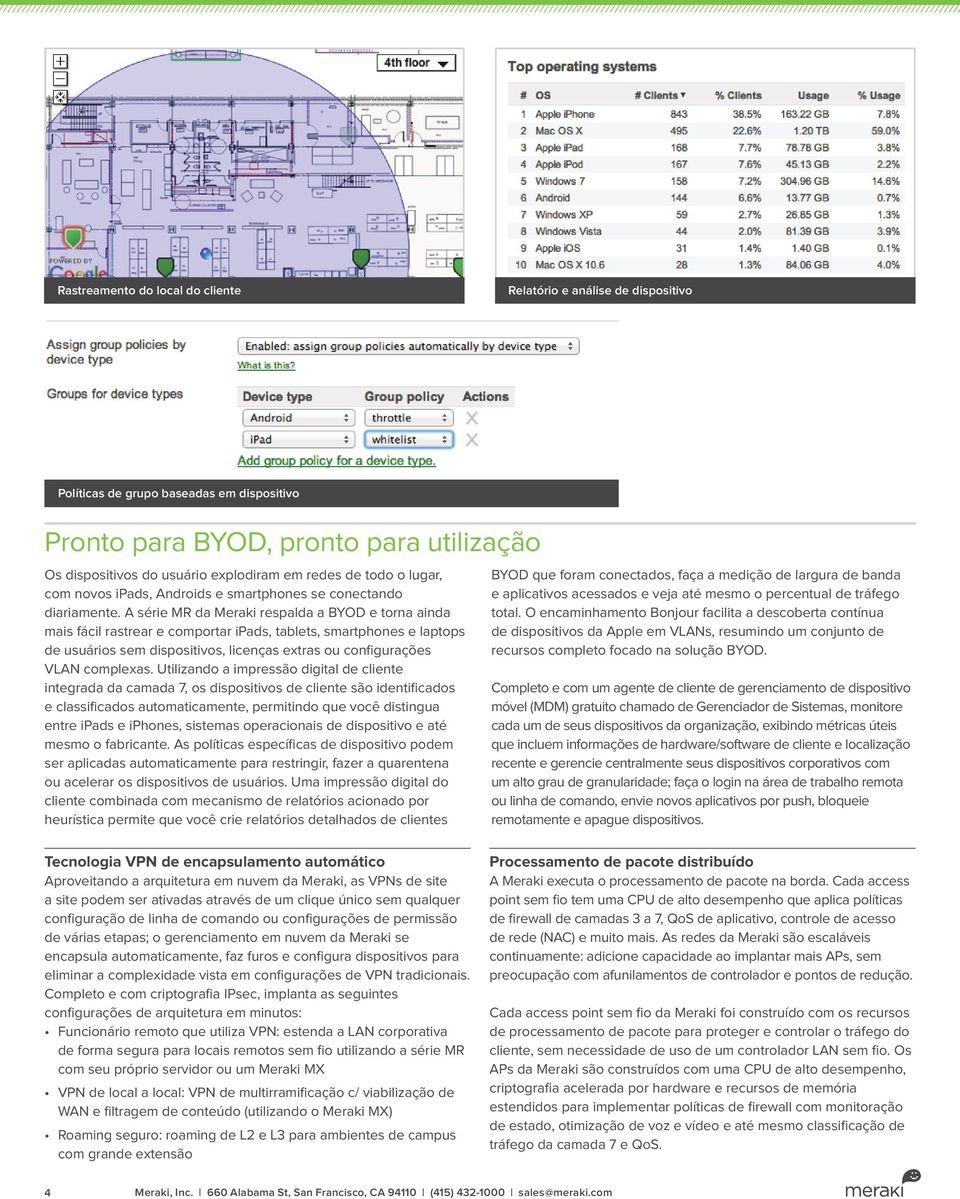 A série MR da Meraki respalda a BYOD e torna ainda mais fácil rastrear e comportar ipads, tablets, smartphones e laptops de usuários sem dispositivos, licenças extras ou configurações VLAN complexas.