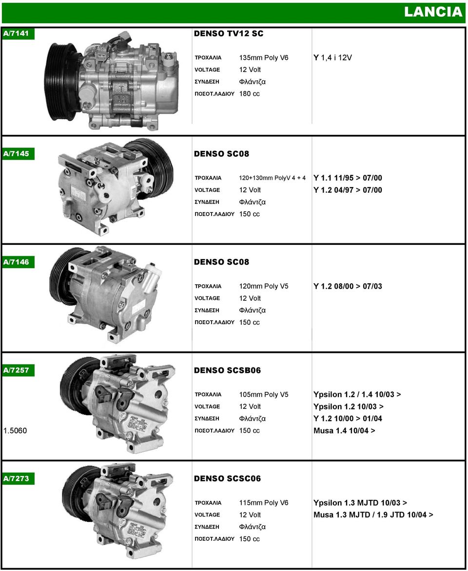 2 08/00 > 07/03 150 cc A/7257 DENSO SCSB06 ΤΡΟΧΑΛΙΑ 105mm Poly V5 Ypsilon 1.2 / 1.4 10/03 > Ypsilon 1.2 10/03 > Y 1.