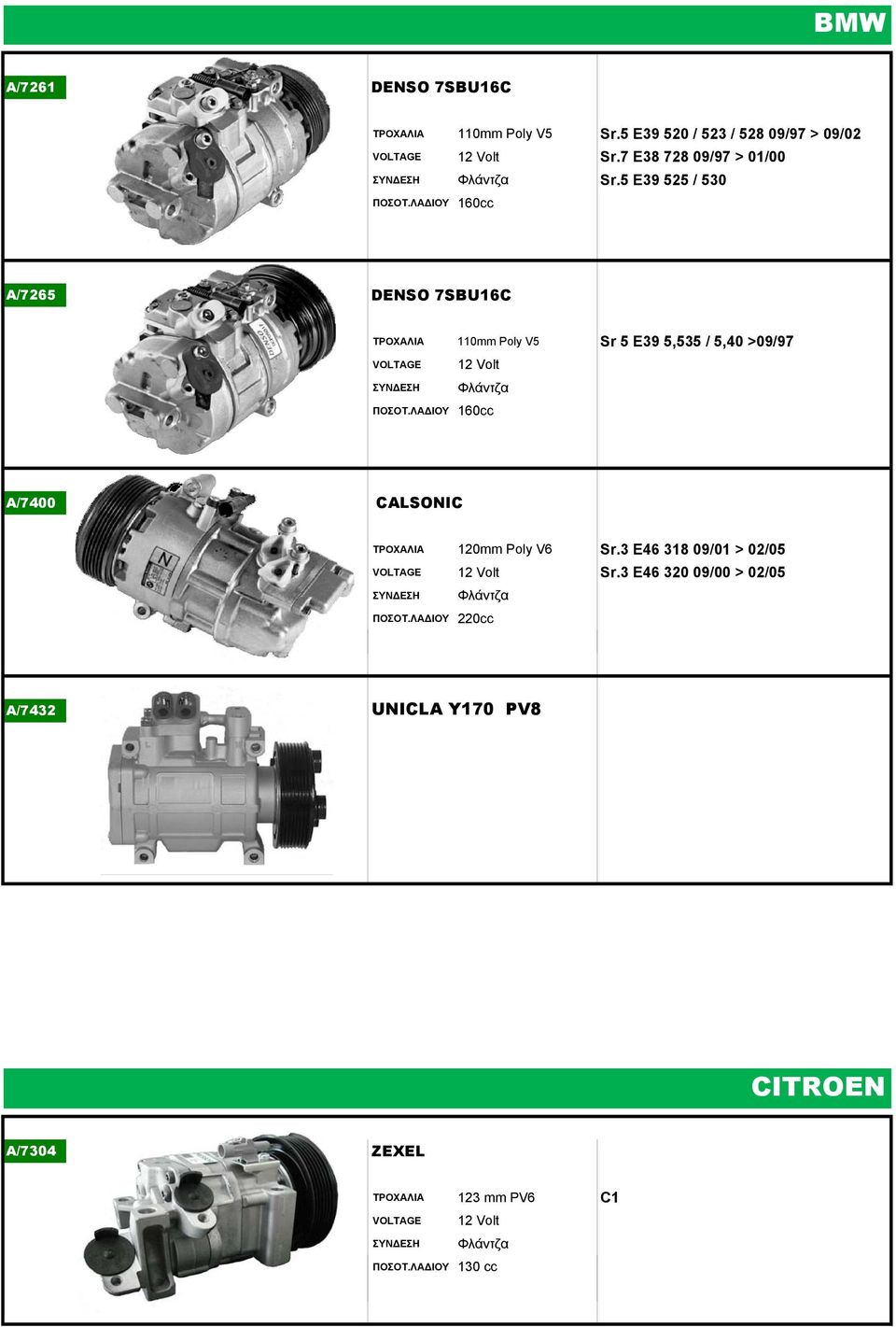 5 E39 525 / 530 160cc A/7265 DENSO 7SBU16C ΤΡΟΧΑΛΙΑ 110mm Poly V5 Sr 5 E39 5,535 / 5,40 >09/97