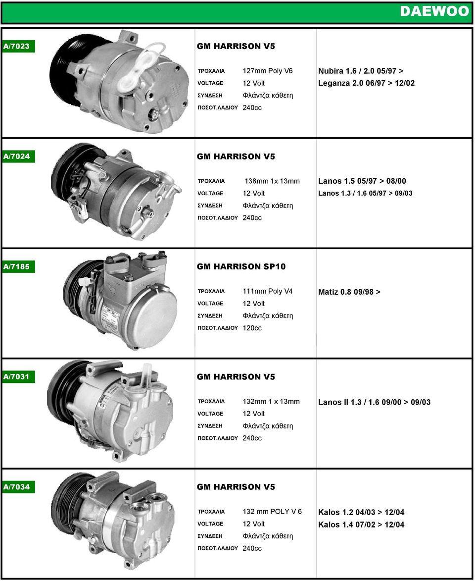 6 05/97 > 09/03 κάθετη 240cc Α/7185 GM HARRISON SP10 ΤΡΟΧΑΛΙΑ 111mm Poly V4 Matiz 0.