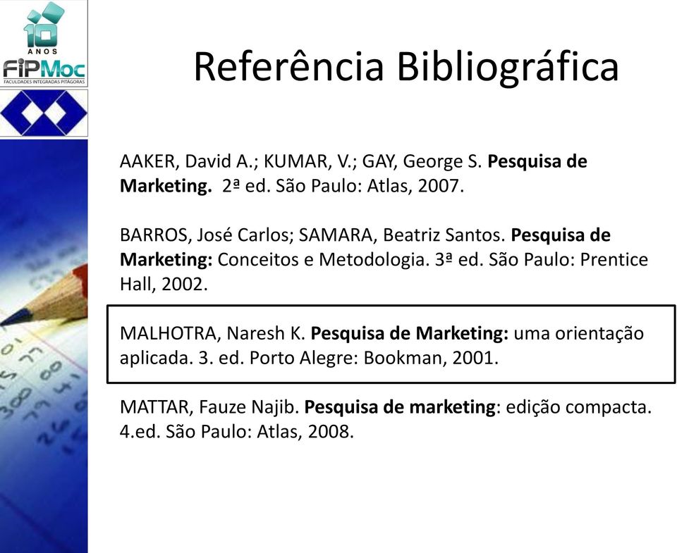 Pesquisa de Marketing: Conceitos e Metodologia. 3ª ed. São Paulo: Prentice Hall, 2002. MALHOTRA, Naresh K.