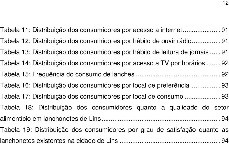 .. 92 Tabela 15: Frequência do consumo de lanches... 92 Tabela 16: Distribuição dos consumidores por local de preferência.