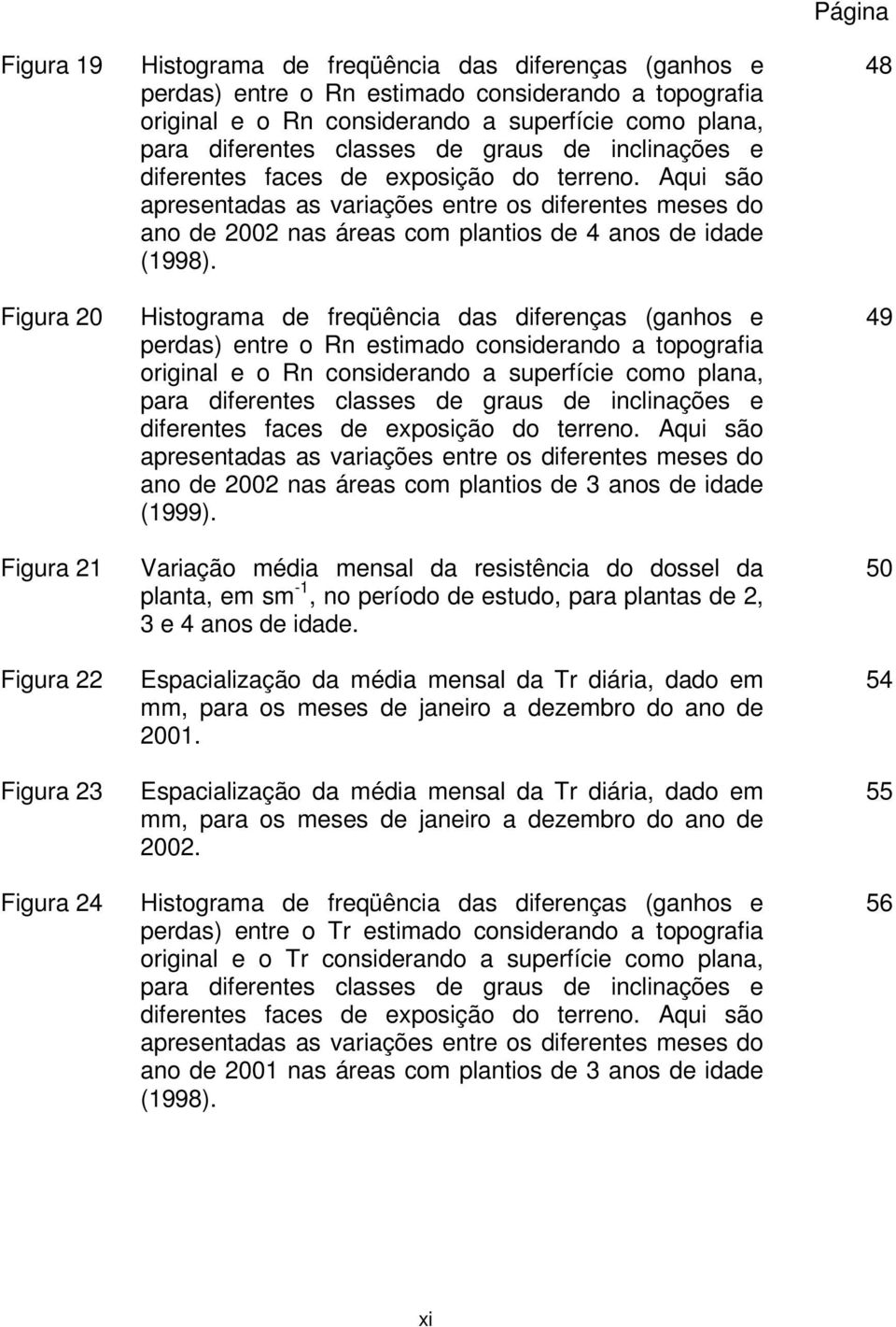 Aqui são apresentadas as variações entre os diferentes meses do ano de 22 nas áreas com plantios de 4 anos de idade (1998).