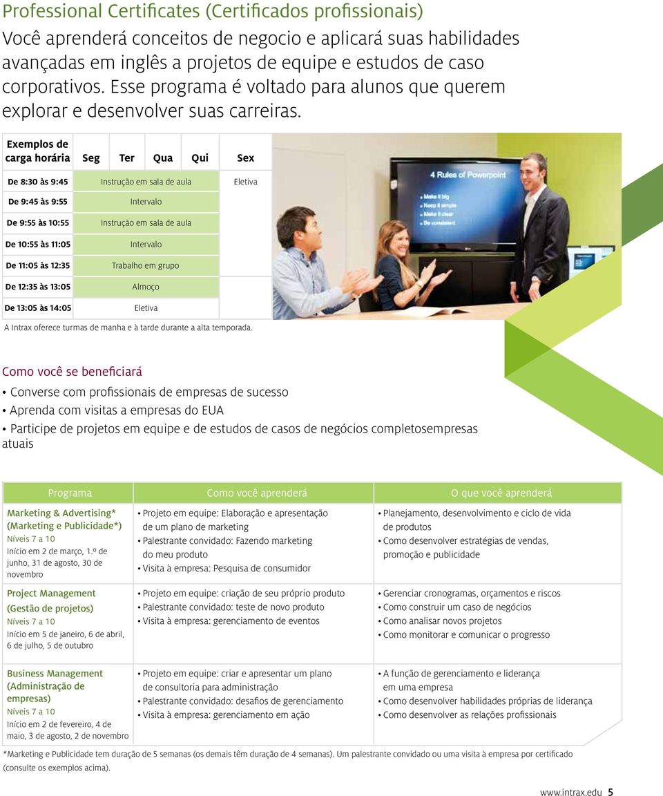 Exemplos de carga horária Seg Ter Qua Qui Sex De 8:30 às 9:45 Instrução em sala de aula Eletiva De 9:45 às 9:55 De 9:55 às 10:55 De 10:55 às 11:05 De 11:05 às 12:35 De 12:35 às 13:05 De 13:05 às