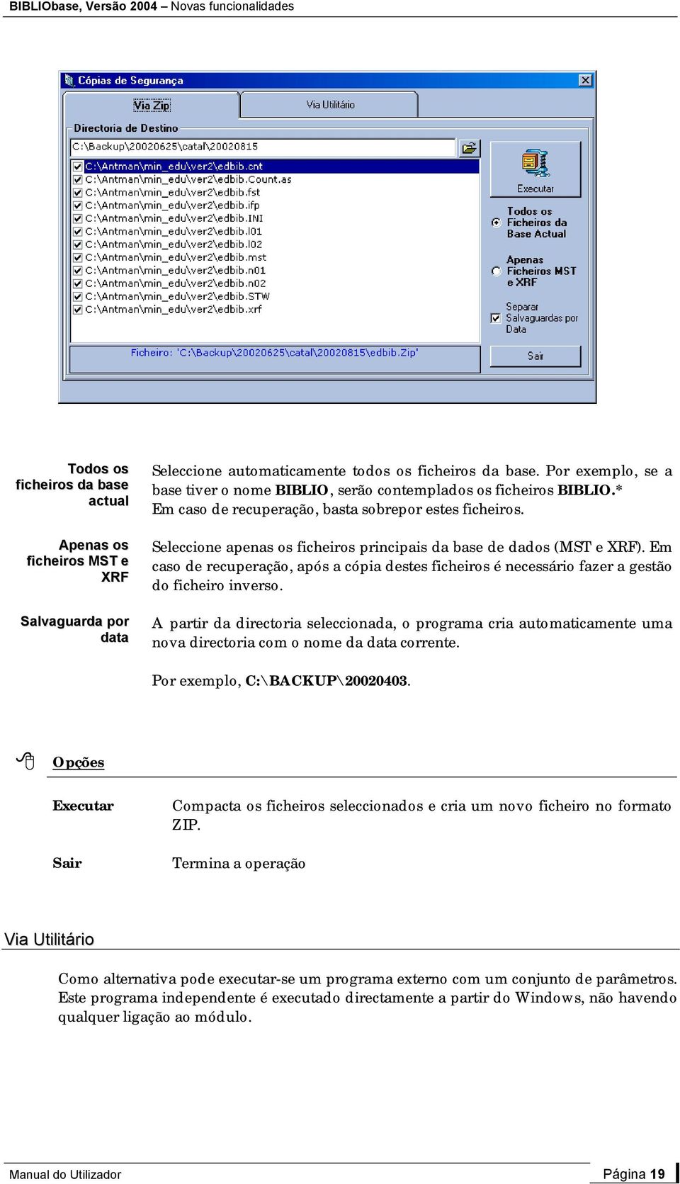 Seleccione apenas os ficheiros principais da base de dados (MST e XRF). Em caso de recuperação, após a cópia destes ficheiros é necessário fazer a gestão do ficheiro inverso.