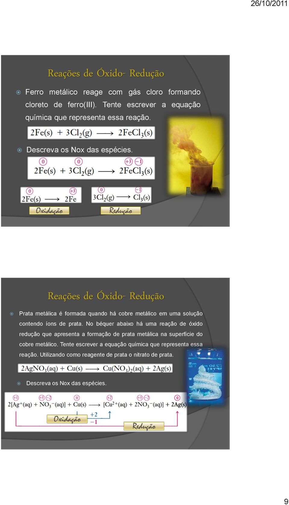 Oxidação Redução Reações de Óxido- Redução Prata metálica é formada quando há cobre metálico em uma solução contendo íons de prata.