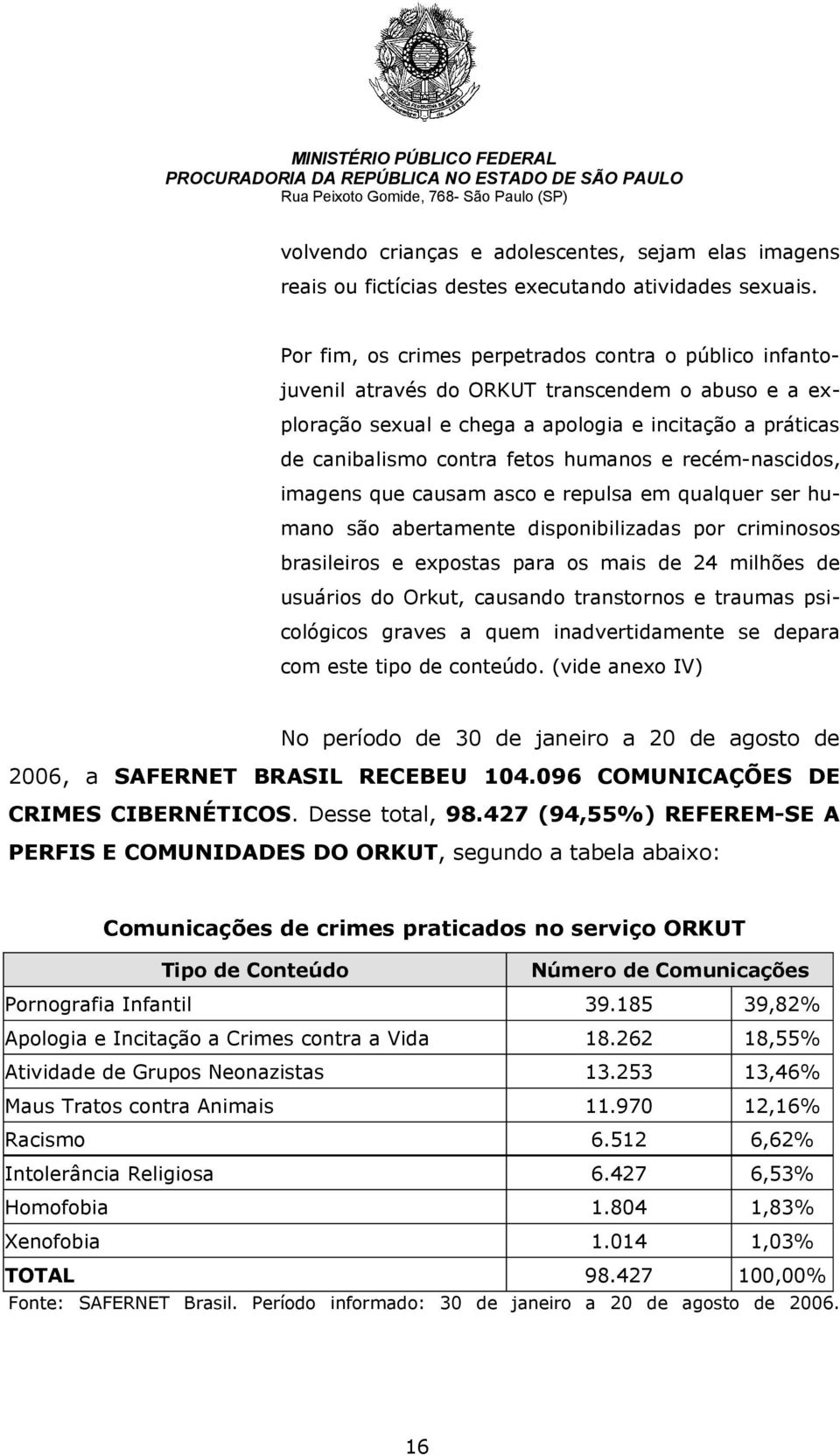 e recém-nascidos, imagens que causam asco e repulsa em qualquer ser humano são abertamente disponibilizadas por criminosos brasileiros e expostas para os mais de 24 milhões de usuários do Orkut,