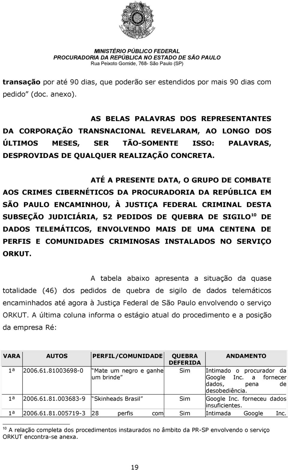 ATÉ A PRESENTE DATA, O GRUPO DE COMBATE AOS CRIMES CIBERNÉTICOS DA PROCURADORIA DA REPÚBLICA EM SÃO PAULO ENCAMINHOU, À JUSTIÇA FEDERAL CRIMINAL DESTA SUBSEÇÃO JUDICIÁRIA, 52 PEDIDOS DE QUEBRA DE