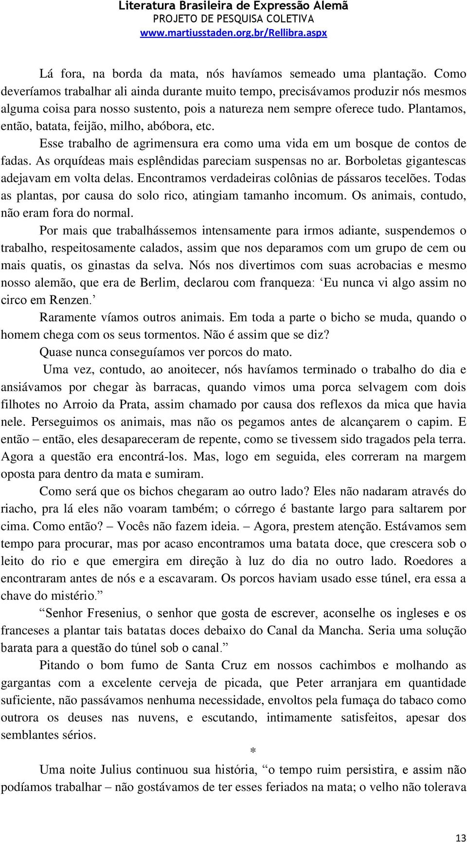 Plantamos, então, batata, feijão, milho, abóbora, etc. Esse trabalho de agrimensura era como uma vida em um bosque de contos de fadas. As orquídeas mais esplêndidas pareciam suspensas no ar.