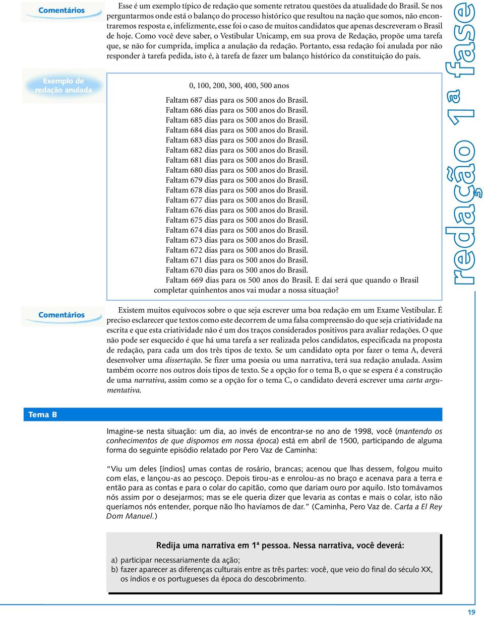 o Brasil de hoje. Como você deve saber, o Vestibular Unicamp, em sua prova de Redação, propõe uma tarefa que, se não for cumprida, implica a anulação da redação.