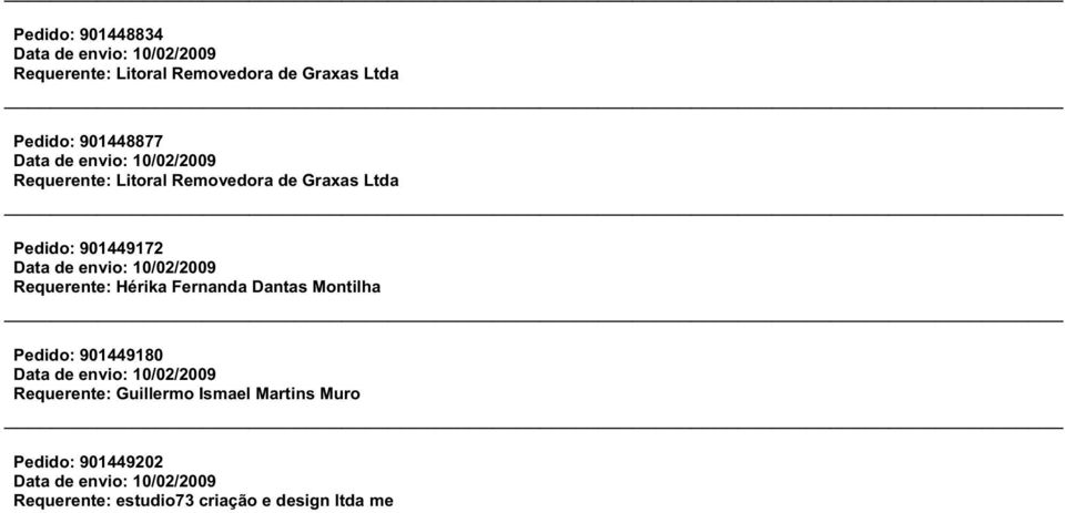 10/02/2009 Requerente: Hérika Fernanda Dantas Montilha Pedido: 901449180 Data de envio: 10/02/2009 Requerente: