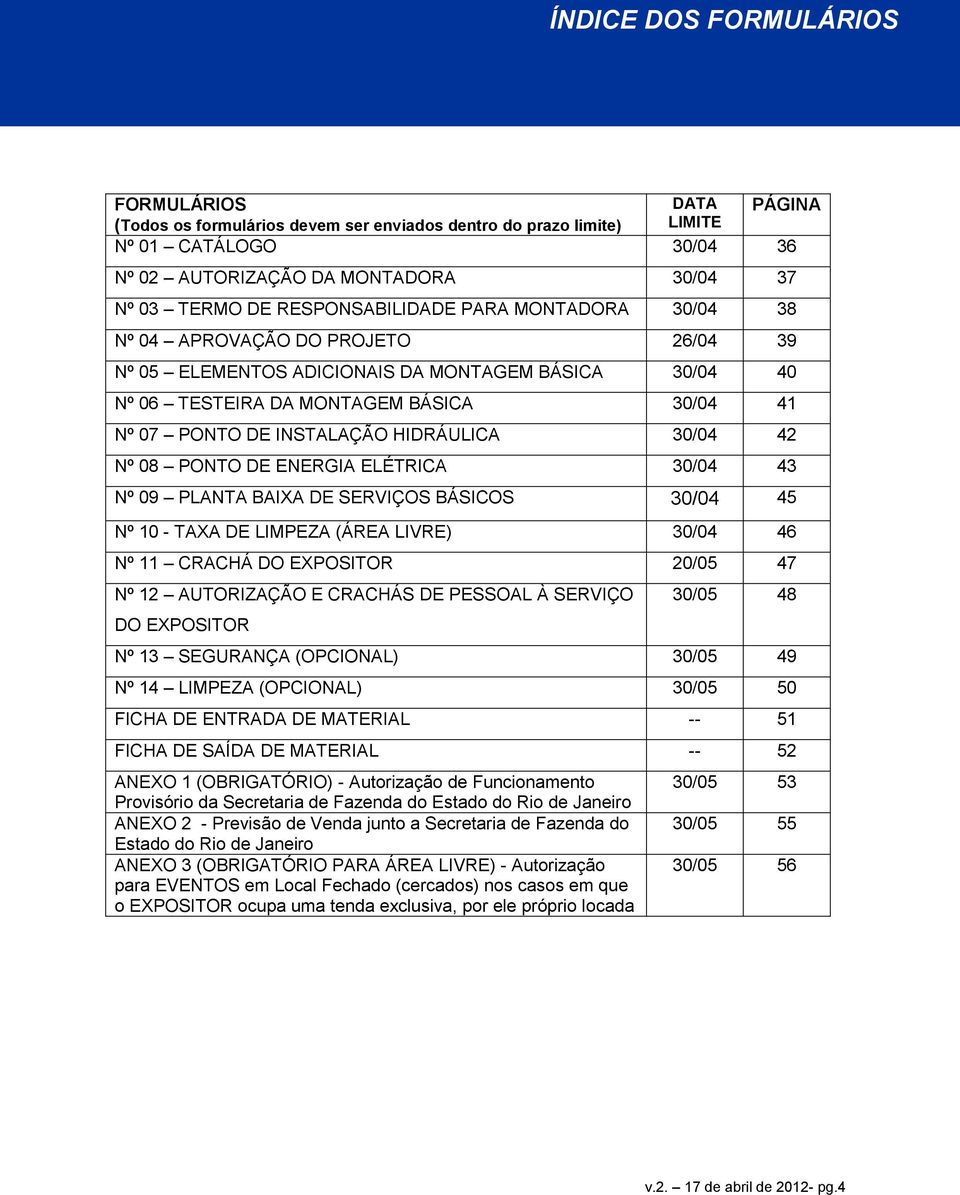 INSTALAÇÃO HIDRÁULICA 30/04 42 Nº 08 PONTO DE ENERGIA ELÉTRICA 30/04 43 Nº 09 PLANTA BAIXA DE SERVIÇOS BÁSICOS 30/04 45 Nº 10 - TAXA DE LIMPEZA (ÁREA LIVRE) 30/04 46 Nº 11 CRACHÁ DO EXPOSITOR 20/05