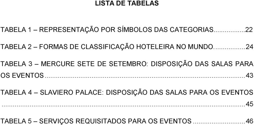 ... 24 TABELA 3 MERCURE SETE DE SETEMBRO: DISPOSIÇÃO DAS SALAS PARA OS EVENTOS.