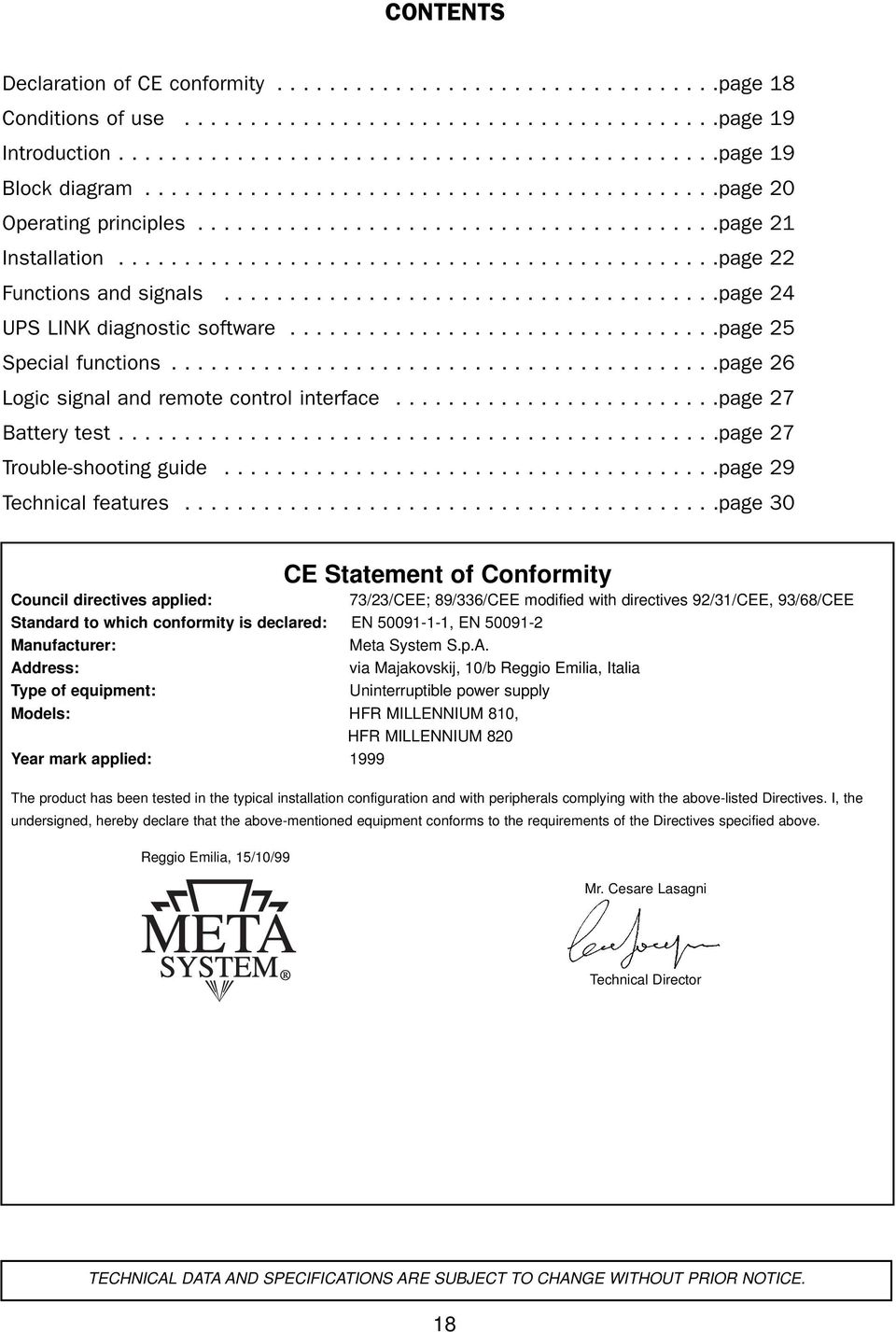 .....................................page 24 UPS LINK diagnostic software.................................page 25 Special functions..........................................page 26 Logic signal and remote control interface.