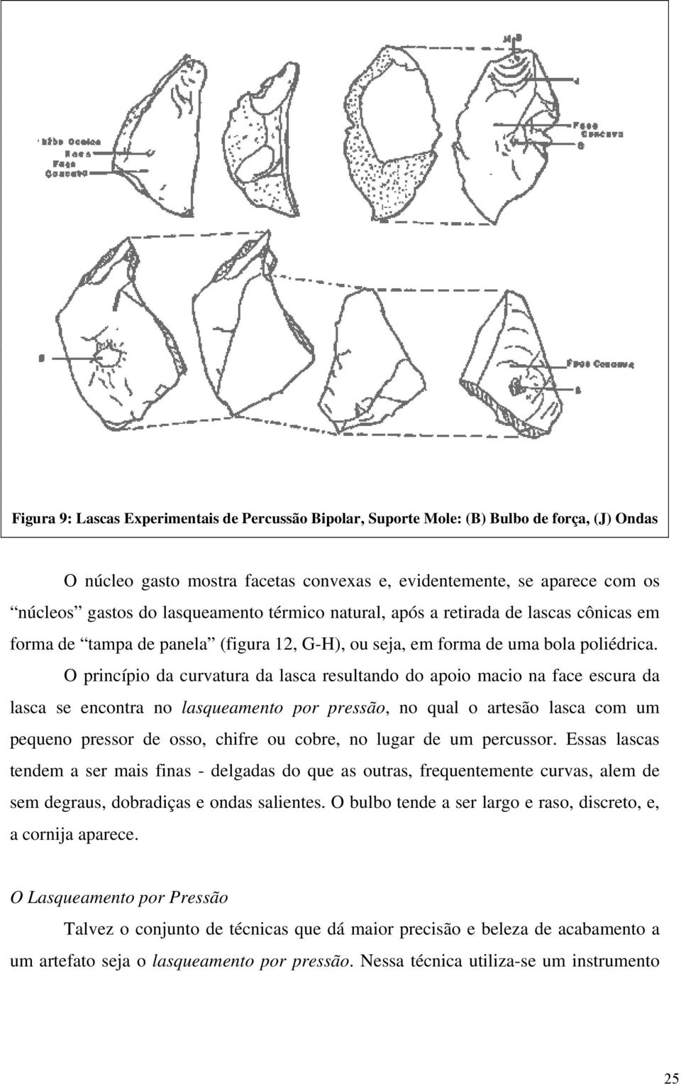 O princípio da curvatura da lasca resultando do apoio macio na face escura da lasca se encontra no lasqueamento por pressão, no qual o artesão lasca com um pequeno pressor de osso, chifre ou cobre,