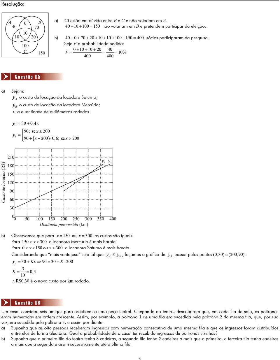 Seja P a probabilidade pedida: 0+ 10+ 10+ 0 40 P = = = 10% 400 400 Questão 05 a) Sejam: y A o custo de locação da locadora Saturno; y B o custo de locação da locadora Mercúrio; x a quantidade de