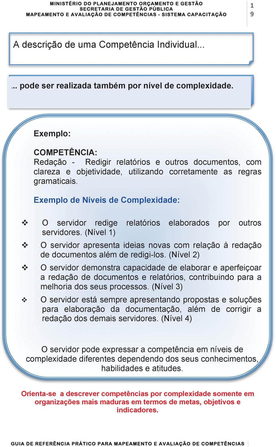 Exemplo de Níveis de Complexidade: O servidor redige relatórios elaborados por outros servidores. (Nível 1) O servidor apresenta ideias novas com relação à redação de documentos além de redigi-los.