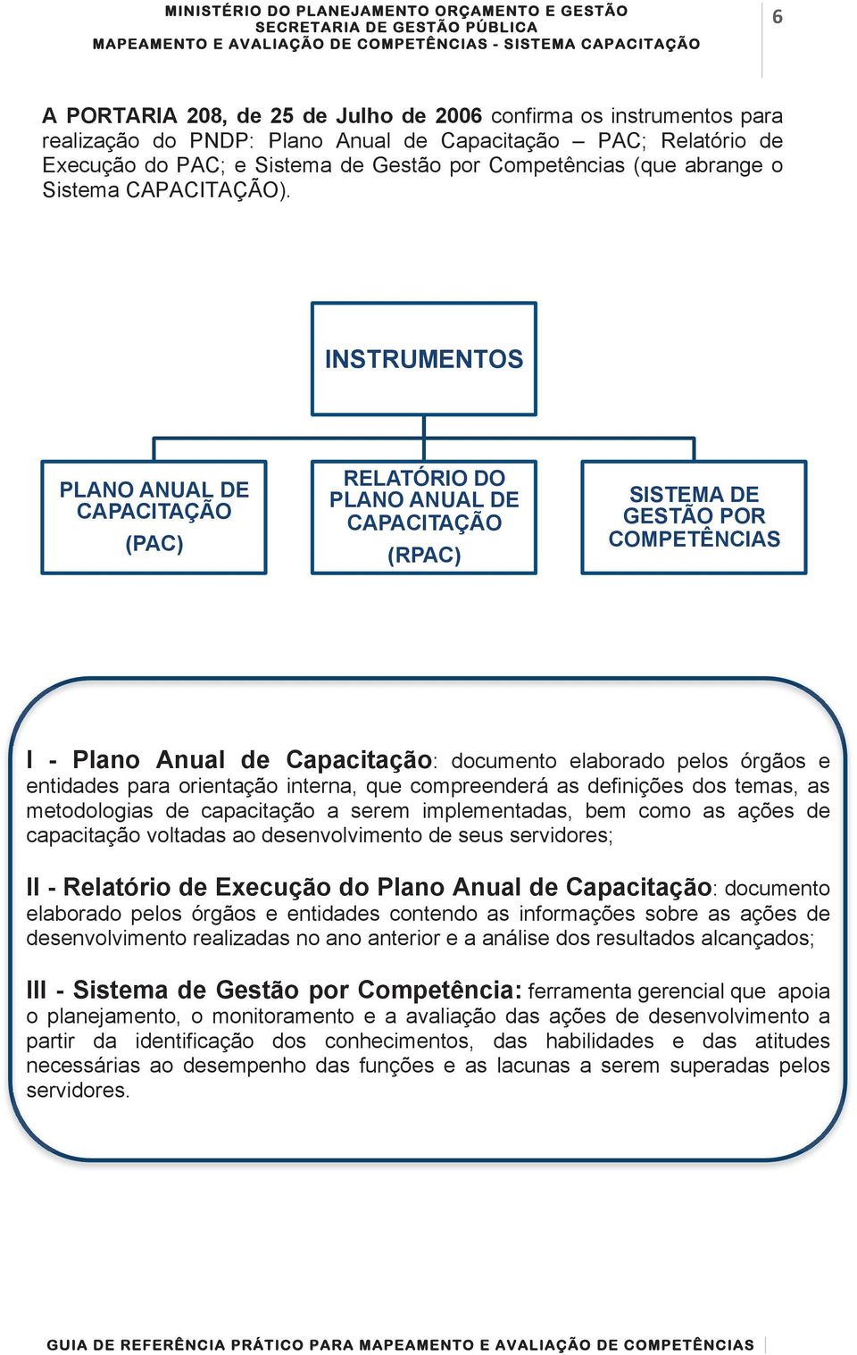 C INSTRUMENTOS PLANO ANUAL DE CAPACITAÇÃO (PAC) RELATÓRIO DO PLANO ANUAL DE CAPACITAÇÃO (RPAC) SISTEMA DE GESTÃO POR COMPETÊNCIAS I - Plano Anual de Capacitação: documento elaborado pelos órgãos e