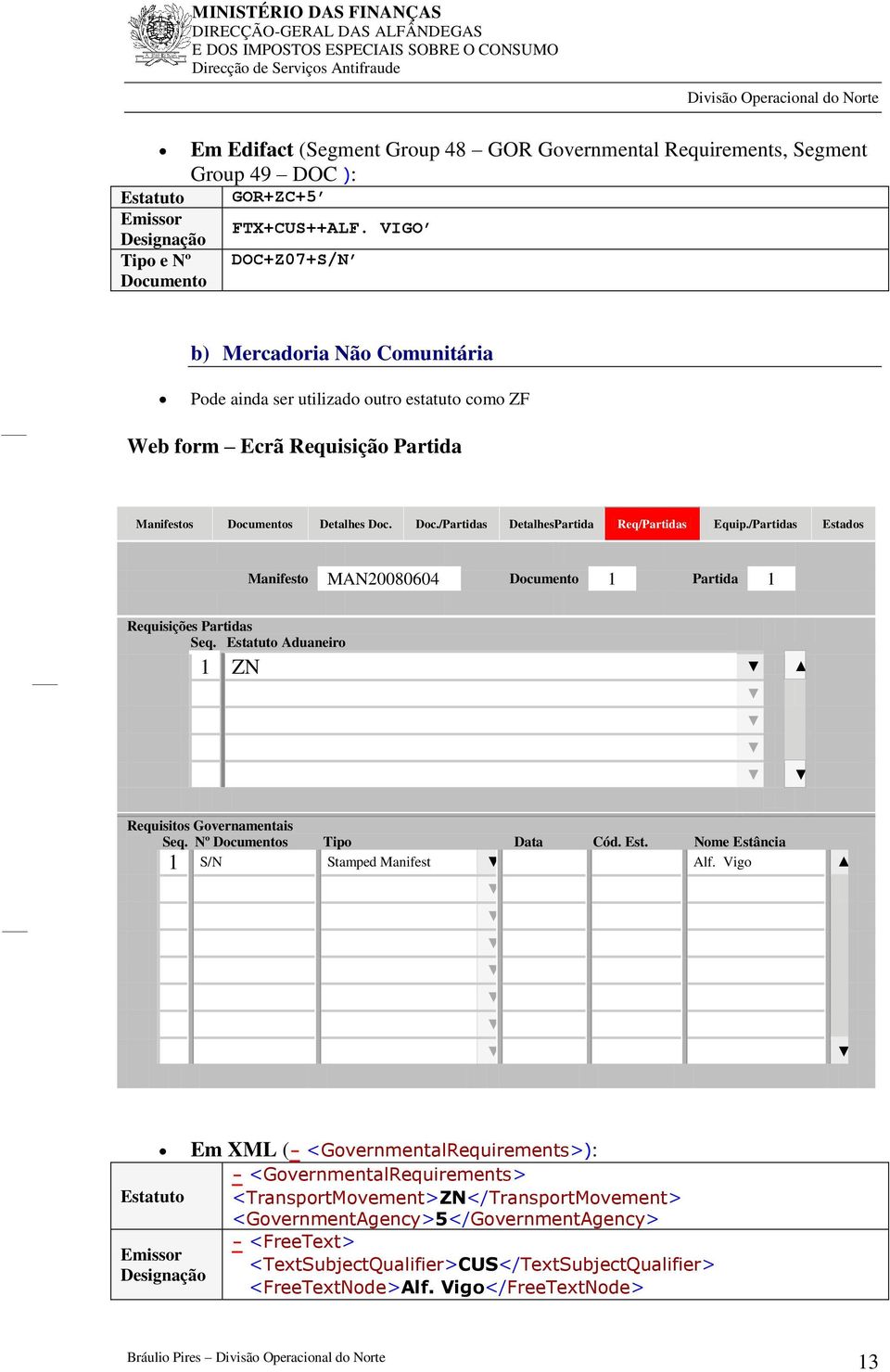 Doc./Partidas DetalhesPartida Req/Partidas Equip./Partidas Estados Manifesto MAN20080604 1 Partida 1 Seq. Aduaneiro 1 ZN Seq. Nº s Tipo Cód. Est. Nome Estância 1 S/N Stamped Manifest Alf.