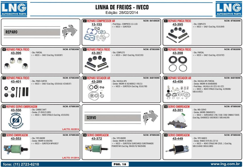 93161849) R$ 159,71 R$ 130,17 REPARO PINCA FREIO 4 NCM: 87083090 43-396 - Obs: PARCIAL >> IVECO = DAILY (Cod.Orig.