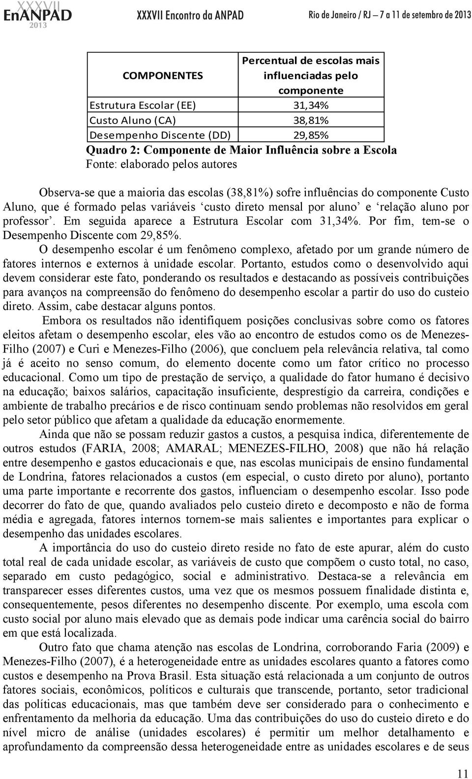 relação aluno por professor. Em seguida aparece a Estrutura Escolar com 31,34%. Por fim, tem-se o Desempenho Discente com 29,85%.