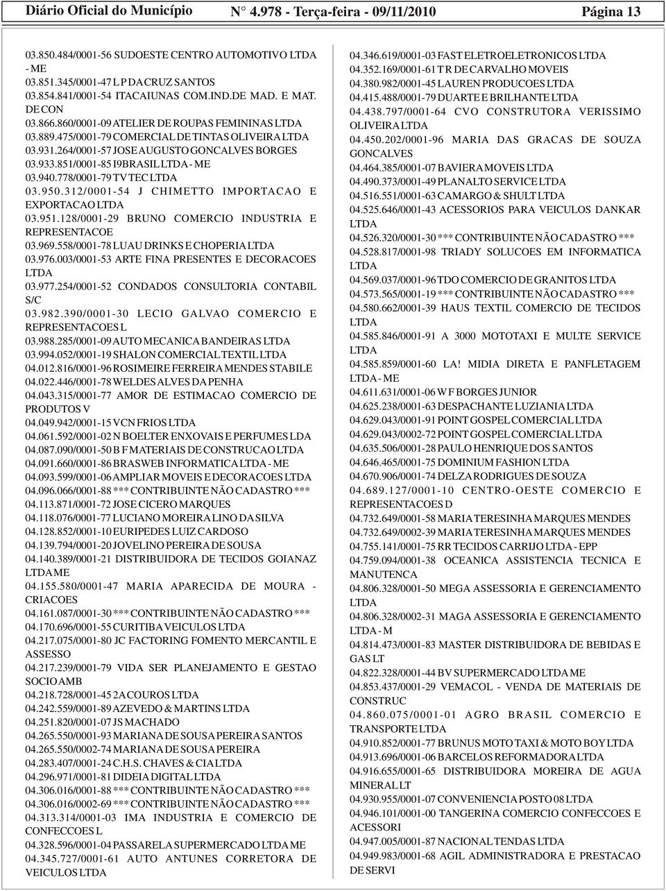 778/0001-79 TV TEC 03.950.312/0001-54 J CHITTO IMPORTACAO E EXPORTACAO 03.951.128/0001-29 BRUNO CORCIO INDUSTRIA E REPRESENTACOE 03.969.558/0001-78 UAU DRINKS E CHOPERIA 03.976.