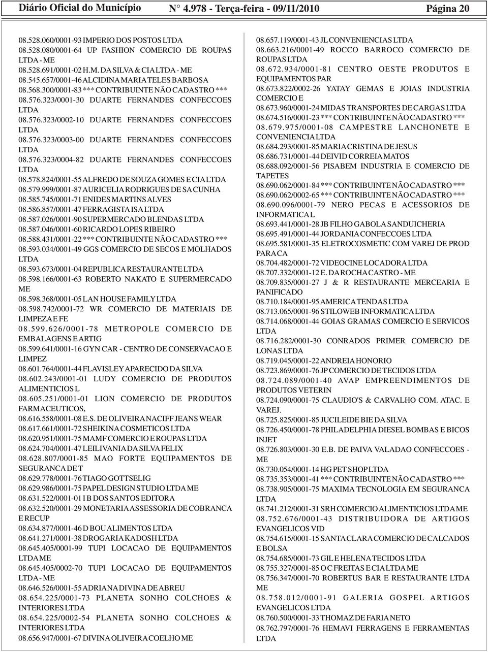 576.323/0004-82 DUARTE FERNANDES CONFECCOES 08.578.824/0001-55 AFREDO DE SOUZA GOS E CIA 08.579.999/0001-87 AURICEIA RODRIGUES DE SA CUNHA 08.585.745/0001-71 ENIDES MARTINS AVES 08.586.