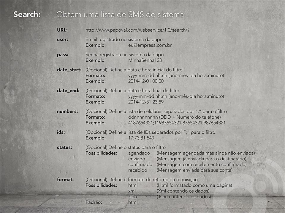 br Senha registrada no sistema da papo Exemplo: MinhaSenha123 date_start: (Opcional) Define a data e hora inicial do filtro Formato: yyyy-mm-dd hh:nn (ano-mês-dia hora:minuto) Exemplo: 2014-12-01