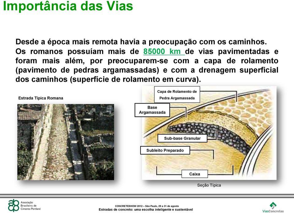 rolamento (pavimento de pedras argamassadas) e com a drenagem superficial dos caminhos (superfície de rolamento