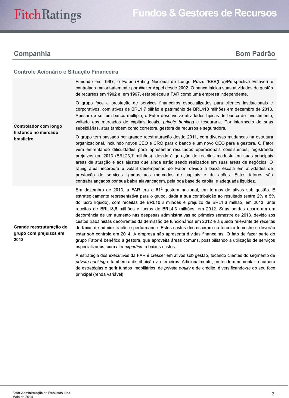 Controlador com longo histórico no mercado brasileiro Grande reestruturação do grupo com prejuízos em 2013 O grupo foca a prestação de serviços financeiros especializados para clientes institucionais