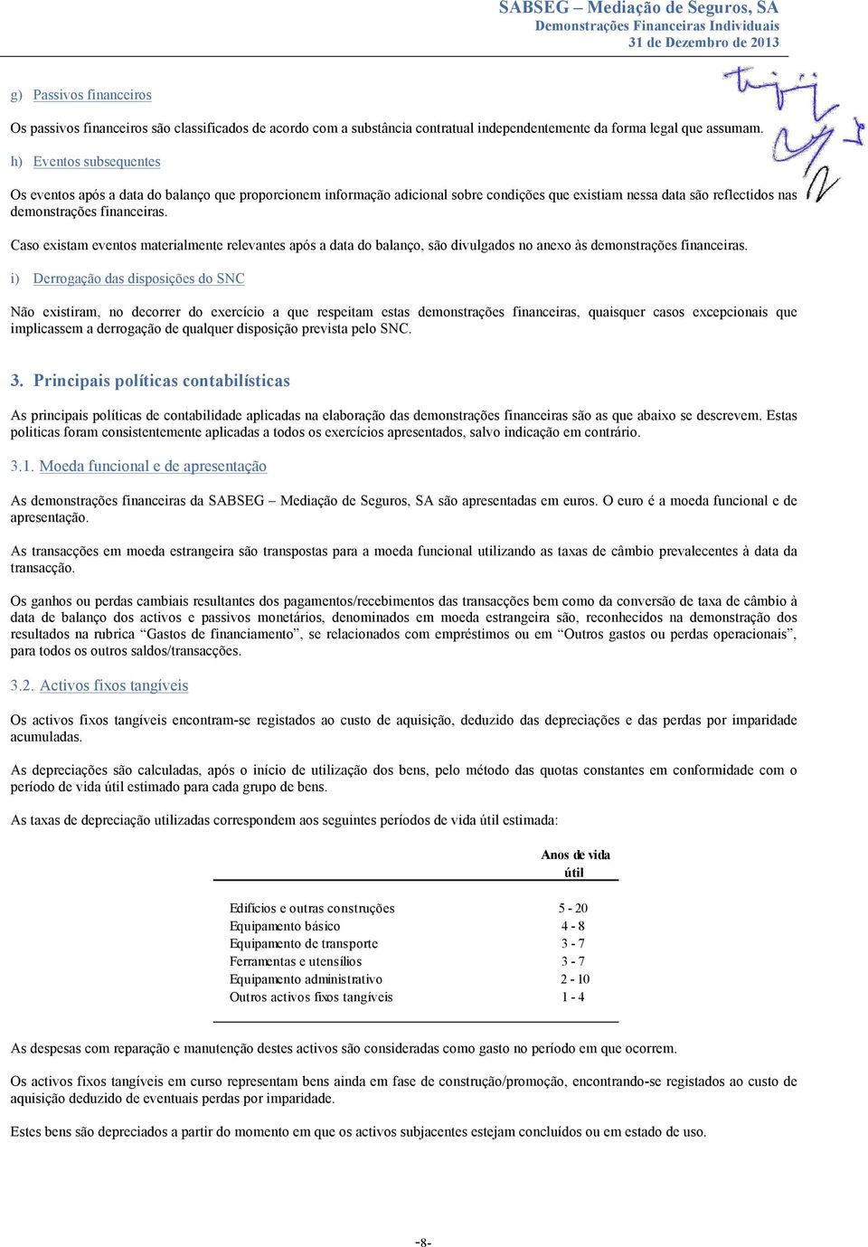 Caso existam eventos materialmente relevantes após a data do balanço, são divulgados no anexo às demonstrações financeiras.