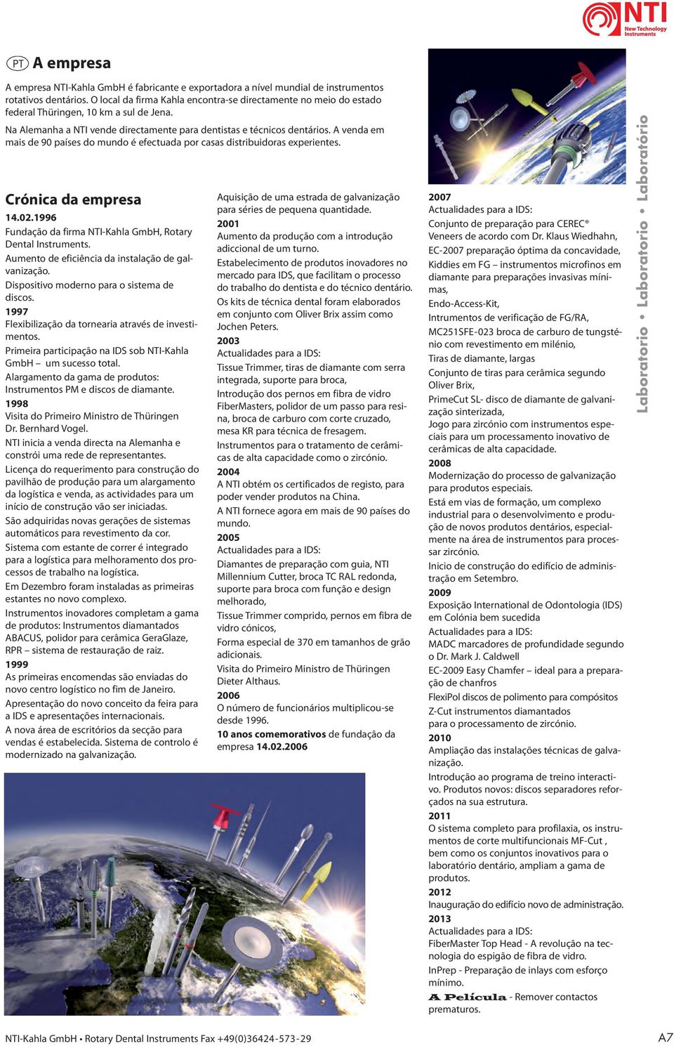 A venda em mais de 90 países do mundo é efectuada por casas distribuidoras experientes. Crónica da empresa 14.02.1996 Fundação da firma NTI-Kahla GmbH, Rotary Dental Instruments.