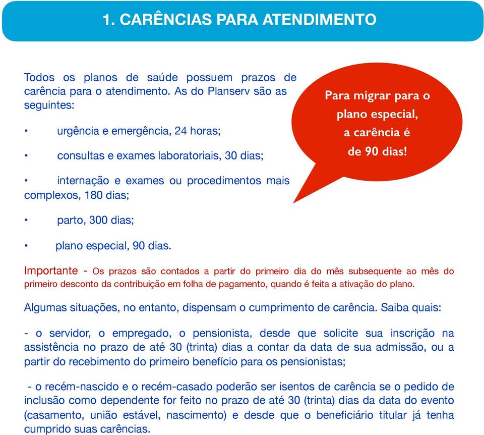 internação e exames ou procedimentos mais complexos, 180 dias; parto, 300 dias; plano especial, 90 dias.