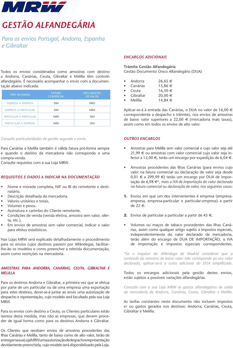 É necessário acompanhar o envio com a documentação abaixo indicada: TIPO DE ENVIO FATURA COMERCIAL DECLARAÇÃO DE VALOR empresa a empresa sim não empresa a particular sim não particular a particular