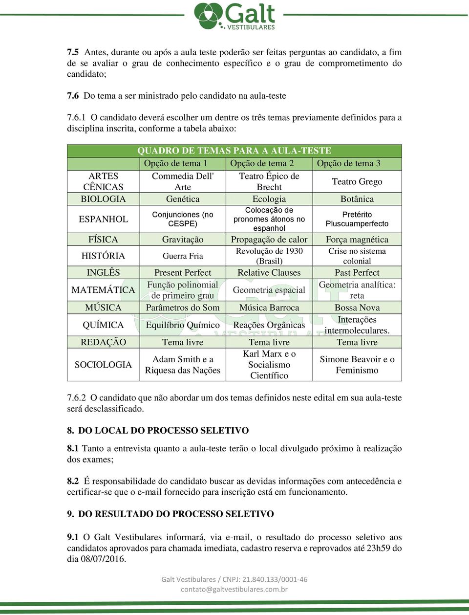 TEMAS PARA A AULA-TESTE Opção de tema 1 Opção de tema 2 Opção de tema 3 ARTES Commedia Dell' Teatro Épico de Teatro Grego CÊNICAS Arte Brecht BIOLOGIA Genética Ecologia Botânica ESPANHOL Conjunciones