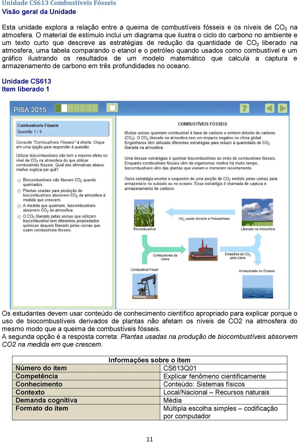 comparando o etanol e o petróleo quando usados como combustível e um gráfico ilustrando os resultados de um modelo matemático que calcula a captura e armazenamento de carbono em três profundidades no