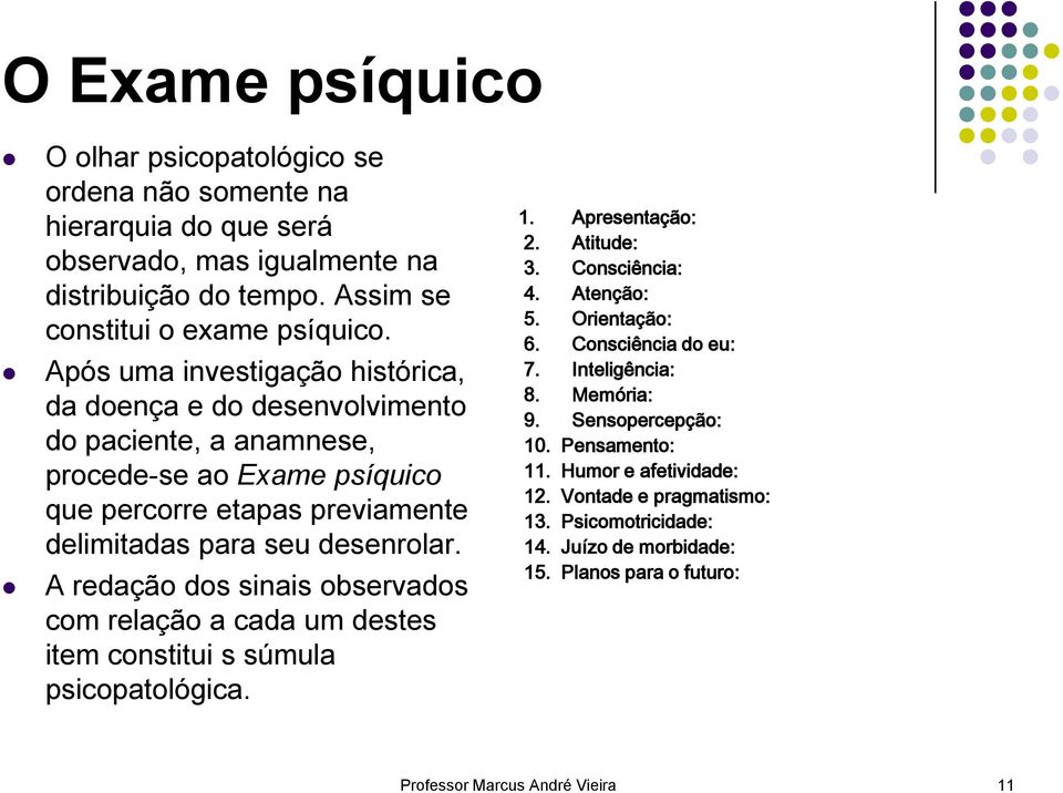 A redação dos sinais observados com relação a cada um destes item constitui s súmula psicopatológica. 1. Apresentação: 2. Atitude: 3. Consciência: 4. Atenção: 5. Orientação: 6.