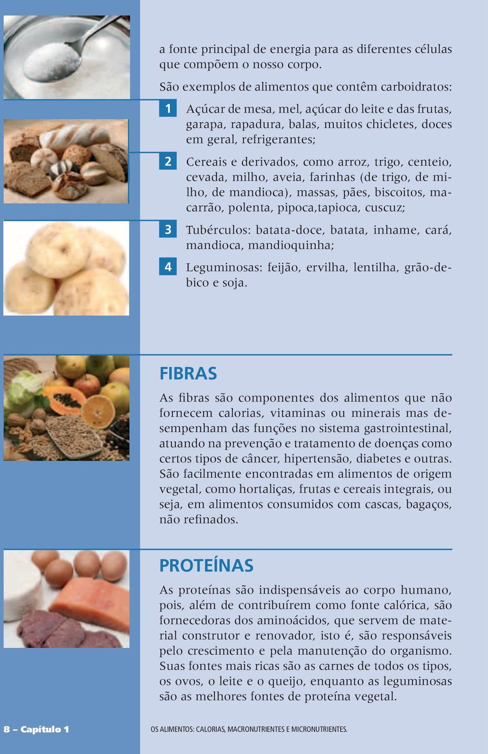 derivados, como arroz, trigo, centeio, cevada, milho, aveia, farinhas (de trigo, de milho, de mandioca), massas, pães, biscoitos, macarrão, polenta, pipoca,tapioca, cuscuz; 3 Tubérculos: batata-doce,