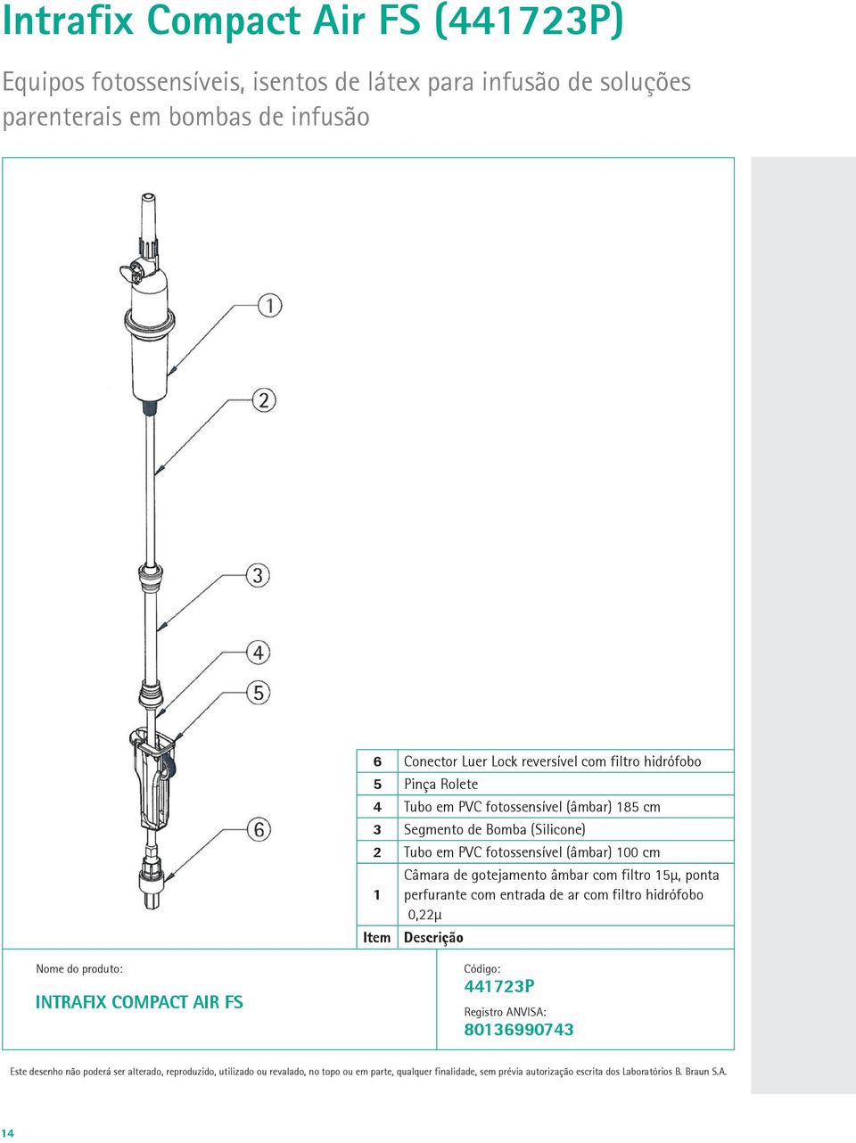 com filtro 15µ, ponta perfurante com entrada de ar com filtro hidrófobo 0,22µ Descrição Nome do produto: INTRAFIX COMPACT AIR FS Código: 441723P Registro ANVISA: 80136990743