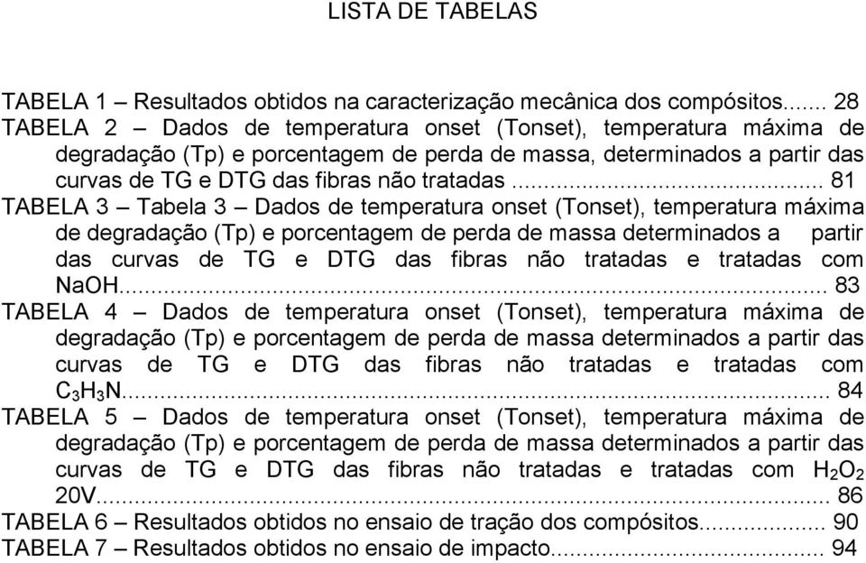 .. 81 TABELA 3 Tabela 3 Dados de temperatura onset (Tonset), temperatura máxima de degradação (Tp) e porcentagem de perda de massa determinados a partir das curvas de TG e DTG das fibras não tratadas