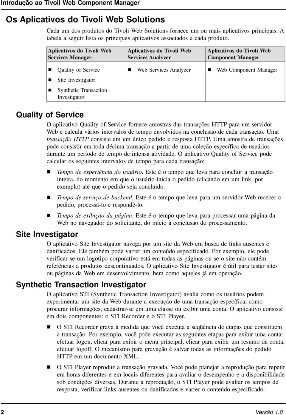 Aplicativos do Tivoli Web Services Manager Aplicativos do Tivoli Web Services Analyzer Aplicativos do Tivoli Web Component Manager Quality of Service Site Investigator Synthetic Transaction