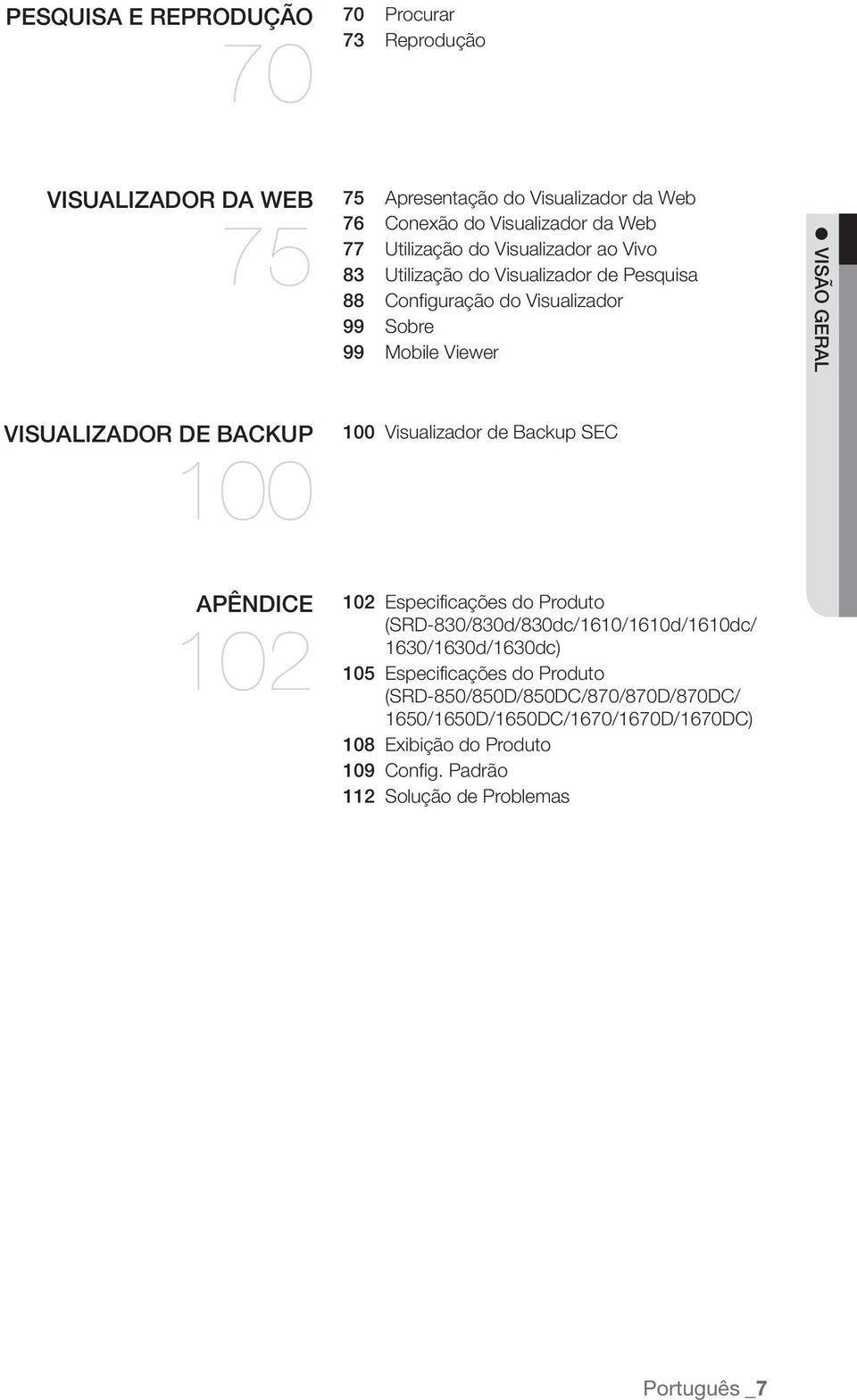 DE BACKUP 100 100 Visualizador de Backup SEC APÊNDICE 102 102 Especificações do Produto (SRD-830/830d/830dc/1610/1610d/1610dc/ 1630/1630d/1630dc) 105