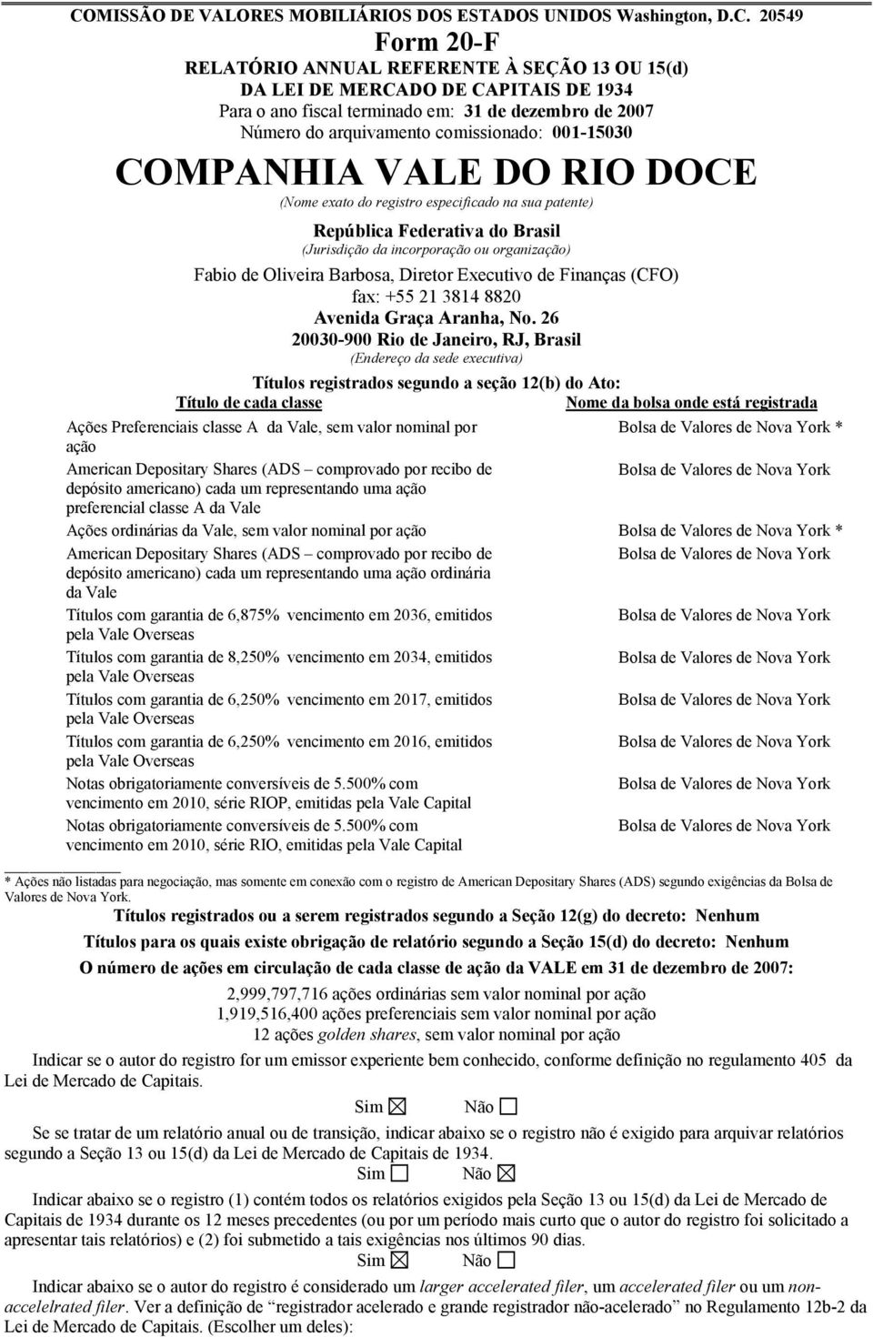 incorporação ou organização) Fabio de Oliveira Barbosa, Diretor Executivo de Finanças (CFO) fax: +55 21 3814 8820 Avenida Graça Aranha, No.