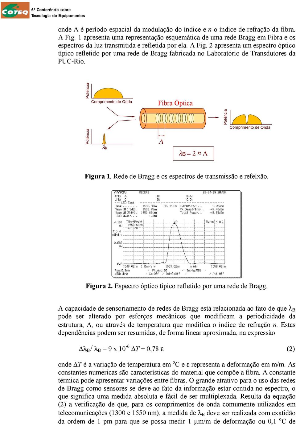 2 apresenta um espectro óptico típico refletido por uma rede de Bragg fabricada no Laboratório de Transdutores da PUC-Rio.